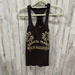 Chaser Brown Racer Back Tank Top Cancel Plans Palm Tree Rest & Relaxation XS